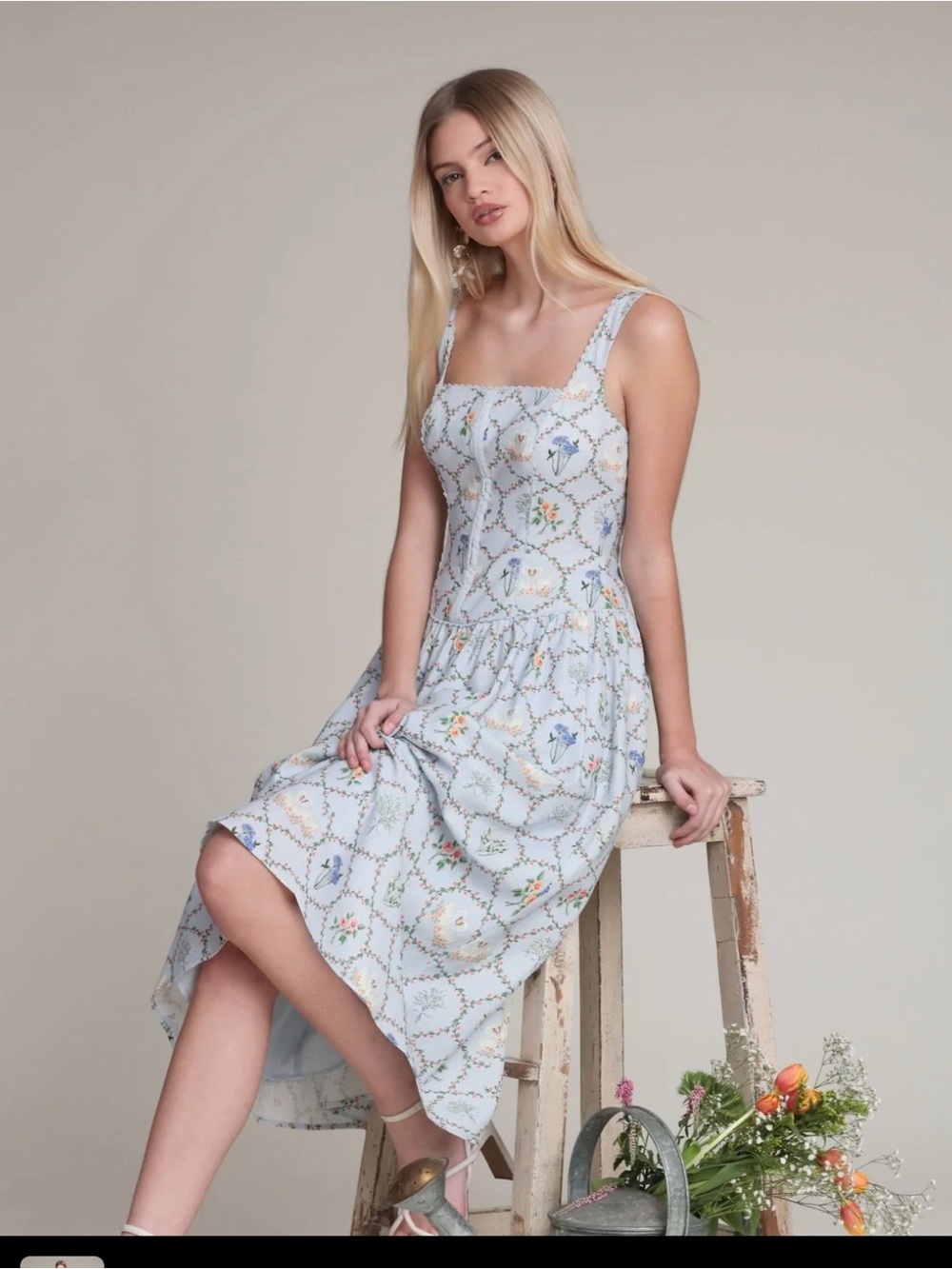Avec Les Filles Periwinkle Blue Corset Floral Midi Dress
